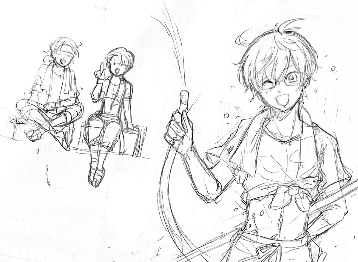 江にプール掃除やってもらいたいんだな (毎年言ってる、そして描いてない)  ※雨さん雲さんはホースの水が作る虹を見ています