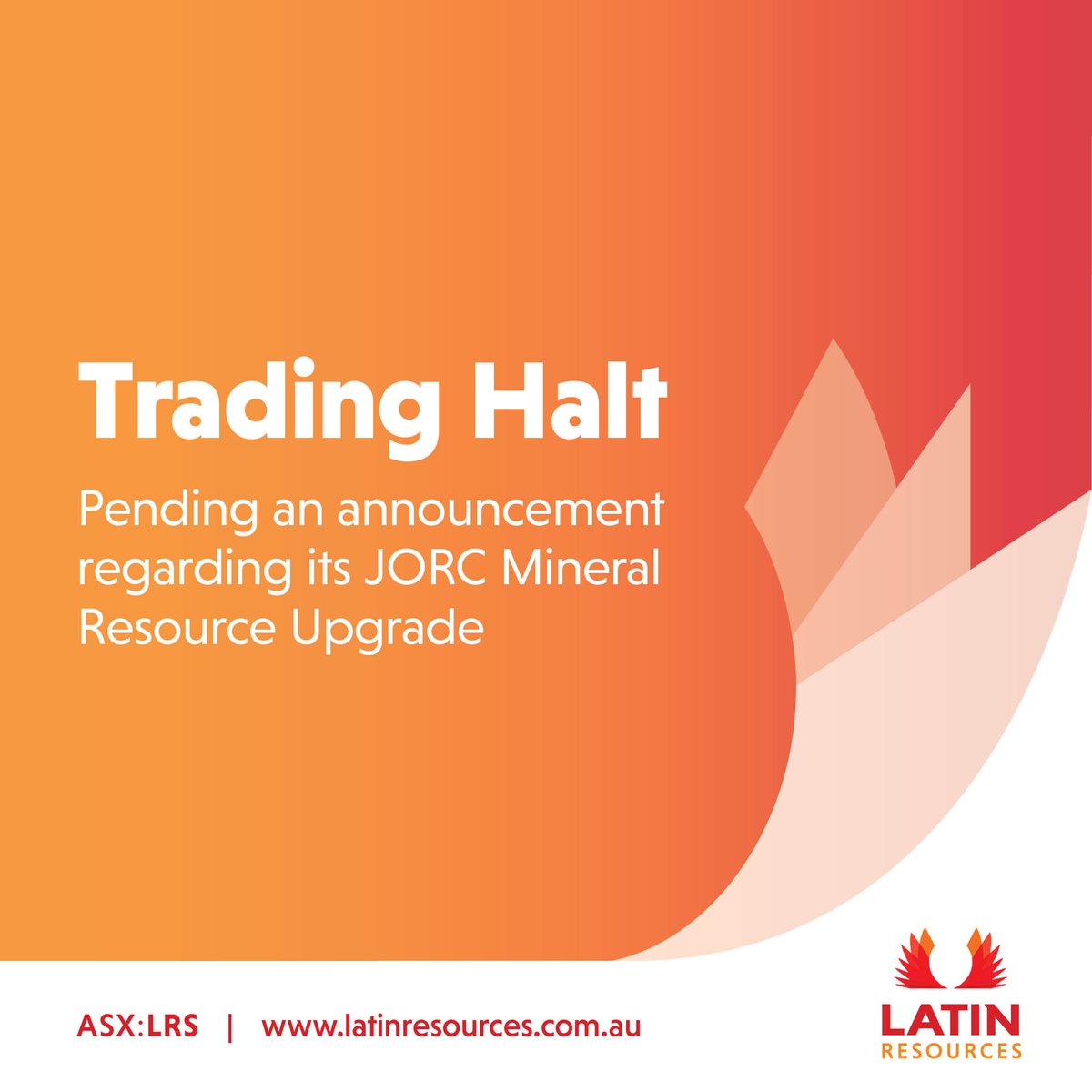 #ASXNews

$LRS.AX requests an immediate trading halt over #LRS’s securities today, 16th June 2023 pending the release of an announcement in relation to its JORC Mineral Resource Upgrade.

Full Announcement: bit.ly/3JgKTP6

#lithium #batteryminerals #ASX