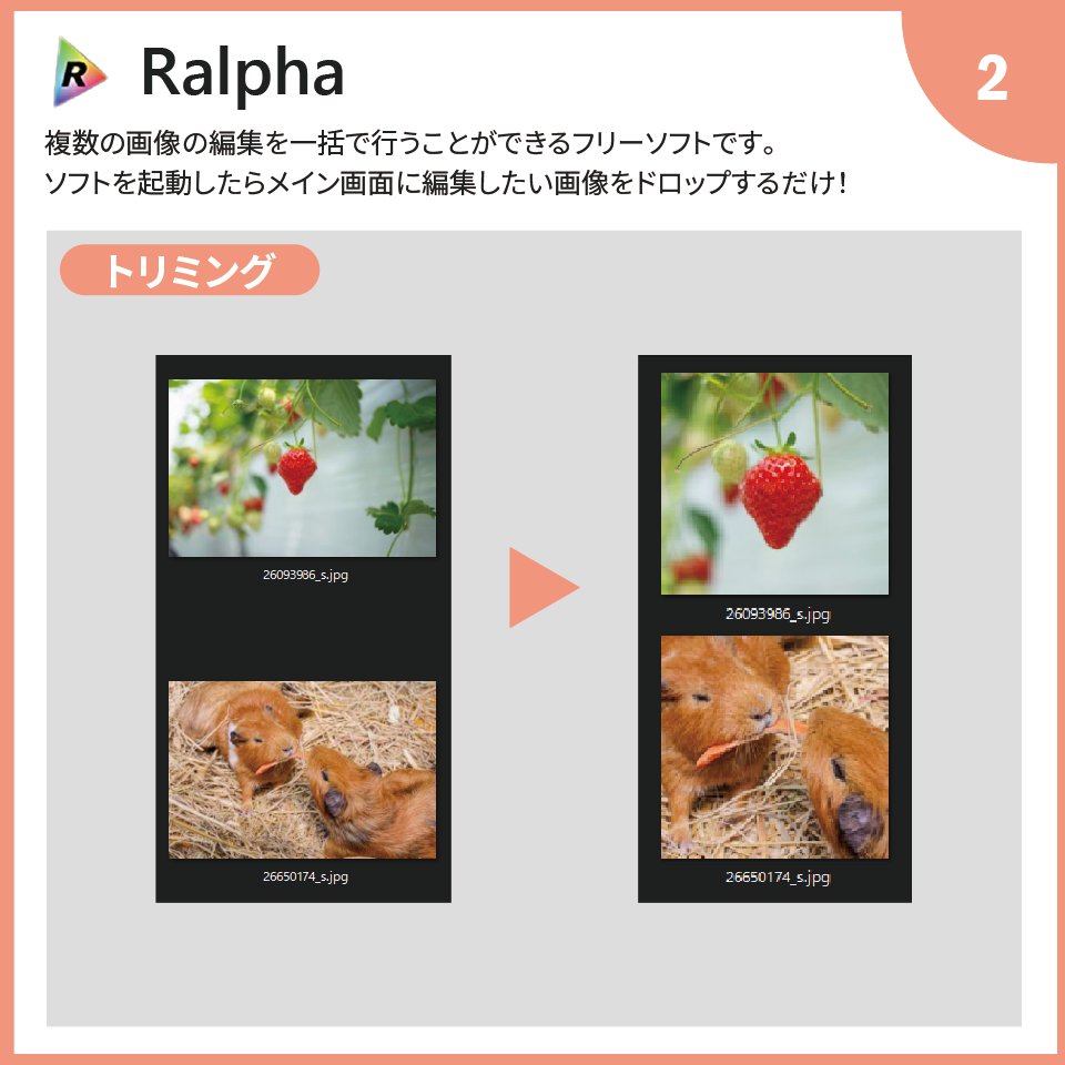 elephancube's tweet photo. 金曜日の #便利ツール 紹介!(不定期)
今回紹介するのはRalpha!eラーニング制作は画像のトリミングやリサイズ作業が多く、一括で変換できるこのソフトはとても重宝しています☺️
無料で使えて、とっても便利なので皆さんも使ってみてください!(🐣)
#Ralpha #制作Tips #eラーニング https://t.co/xkkerQWvjX