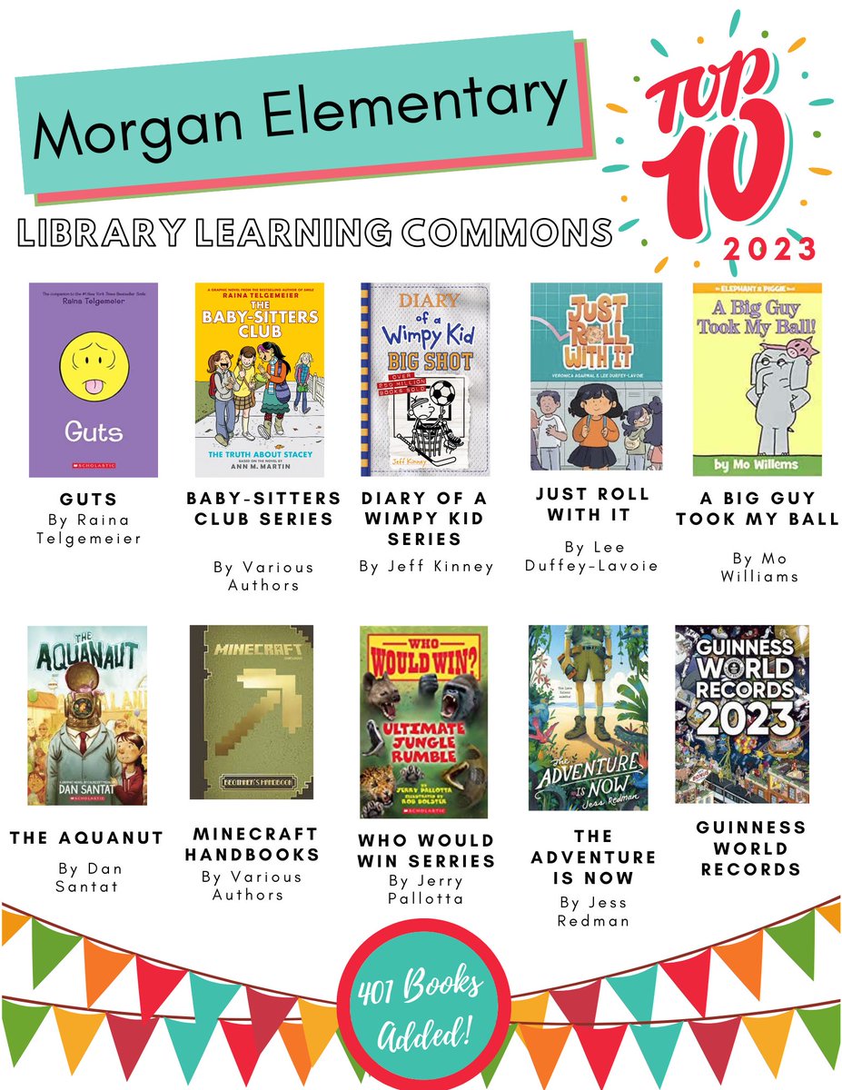 MsHurtubise's tweet image. The Top Ten are In! Here’s a look at the most circulated books at Morgan Elementary. Love seeing 3 of the 2022/23 #SSBOY nominees on the list! #sd36tl #sd36learn #BCTLA
