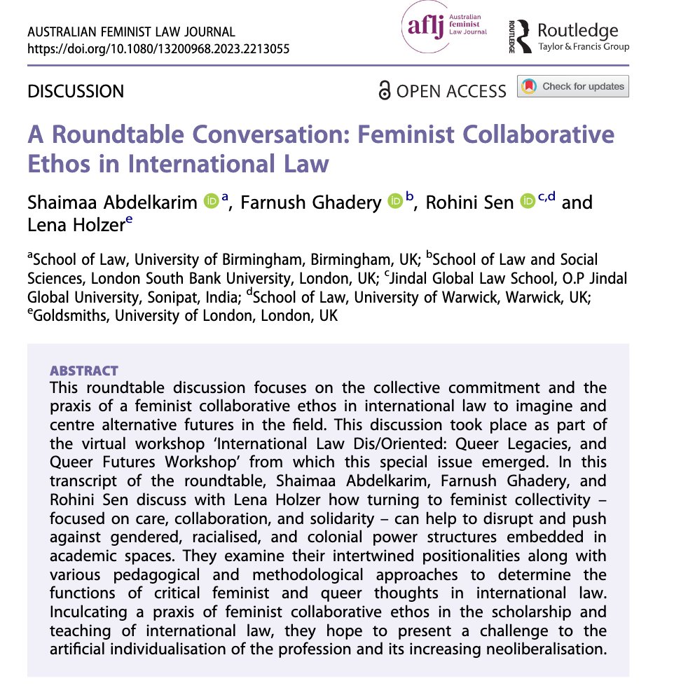 Australian Feminist Law Journal (@aflj_) on Twitter photo Check out <a href="/shaimabdelkarim/">Shaimaa Abdelkarim</a>, @FarnushGhadery, <a href="/Rohini_Sen/">Rohini Sen</a> & @lenaholzer1's new piece, showcasing a roundtable discussion on the praxis of a feminist collaborative ethos that took place at the ‘Int Law Dis/Oriented' workshop⚡️⚡️
Available open access: tandfonline.com/doi/full/10.10… Check out <a href="/shaimabdelkarim/">Shaimaa Abdelkarim</a>, @FarnushGhadery, <a href="/Rohini_Sen/">Rohini Sen</a> & @lenaholzer1's new piece, showcasing a roundtable discussion on the praxis of a feminist collaborative ethos that took place at the ‘Int Law Dis/Oriented' workshop⚡️⚡️
Available open access: tandfonline.com/doi/full/10.10…