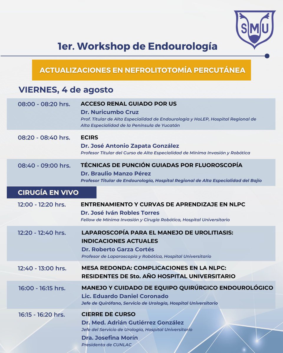 Extendemos la invitación al 1er. Workshop de Endourología: Actualizaciones en Nefrolitotomía Percutánea.

👤/💻 Evento híbrido
📆 3 y 4 de Agosto de 2023
✅ Avalado por la #SMU y la <a href="/uanl/">UANL</a>
📝 Más inf: minimainvasion.uro@gmail.com

#TodosSomosSMU #SMU2023 #SMU23 #endourología