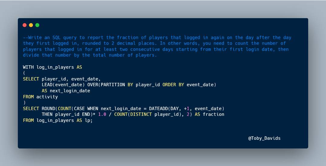 Can't end the day without having at least 1 Sql question solved. It's #Day12 for Reporting 'Crack SQL interview in 50Qs' , and I have noticed incredible growth #datafam, Let's rumble💪 Link to the question 1. leetcode.com/problems/game-… #SQL #Interviews #lowcode #DataAnalytics