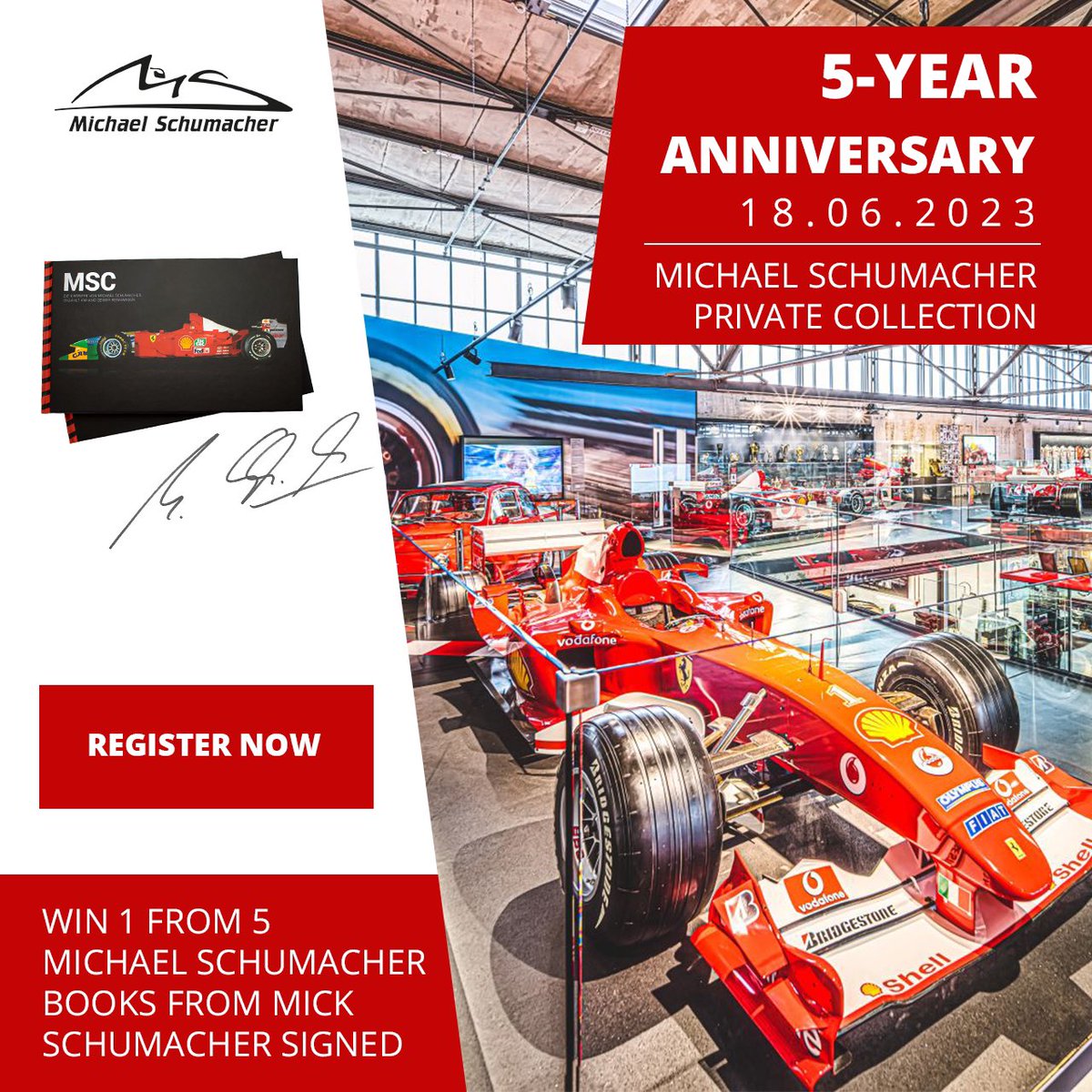 The exhibition 'Michael Schumacher Private Collection' at @Motorworld Köln | Rheinland celebrates its 5th anniversary. As a thank you to the fans, @keepfighting is giving away 5 @schumacher books signed by @SchumacherMick. Now at michaelschumachershop.com/gewinnspiel-mo…! @ShopSchumacher #TeamMSC