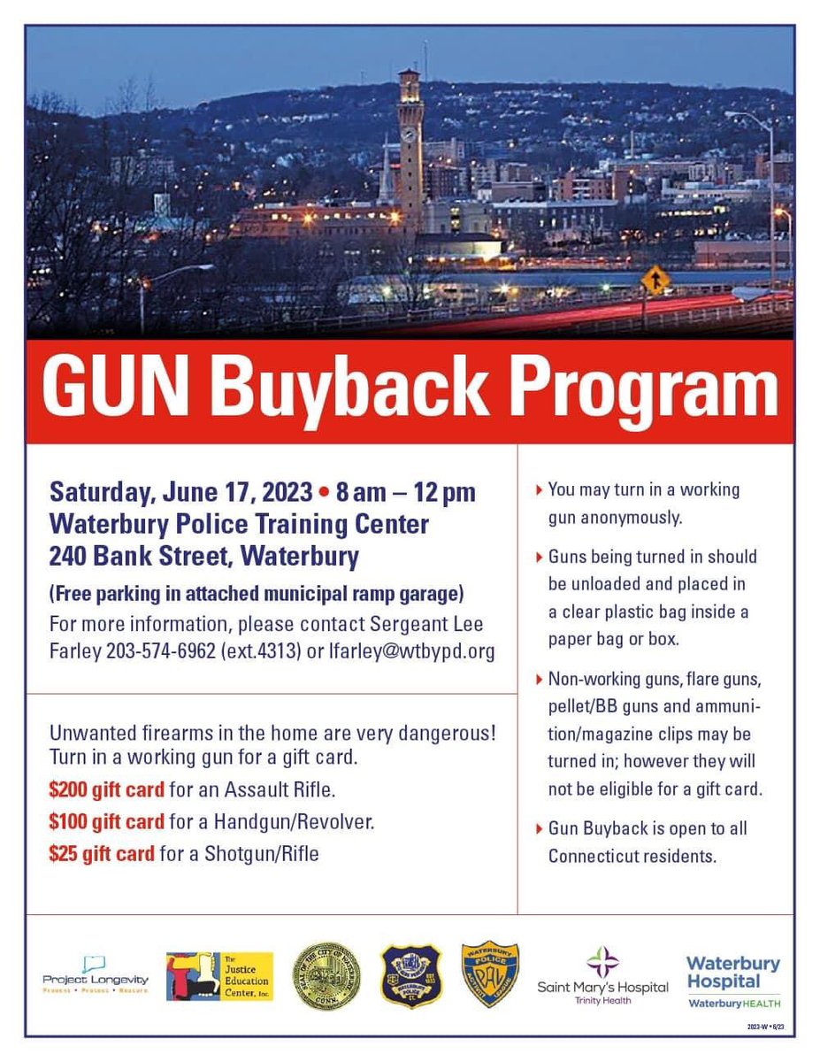 WaterburyPD's tweet photo. WPD Gun Buyback Event, happening this Saturday (6/17)!#gunviolenceawareness #gunviolenceprevention #gunbuyback #wtbypd #waterburyct https://t.co/ePNK90GJwG