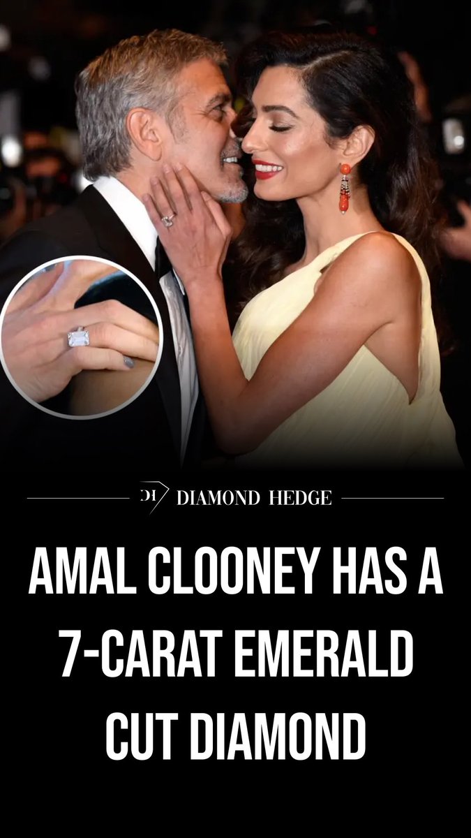 George Clooney gave Amal an emerald-cut, triple-stone engagement ring worth around $800k.   DiamondHedge.com #engagementring #georgeclooney #amalclooney