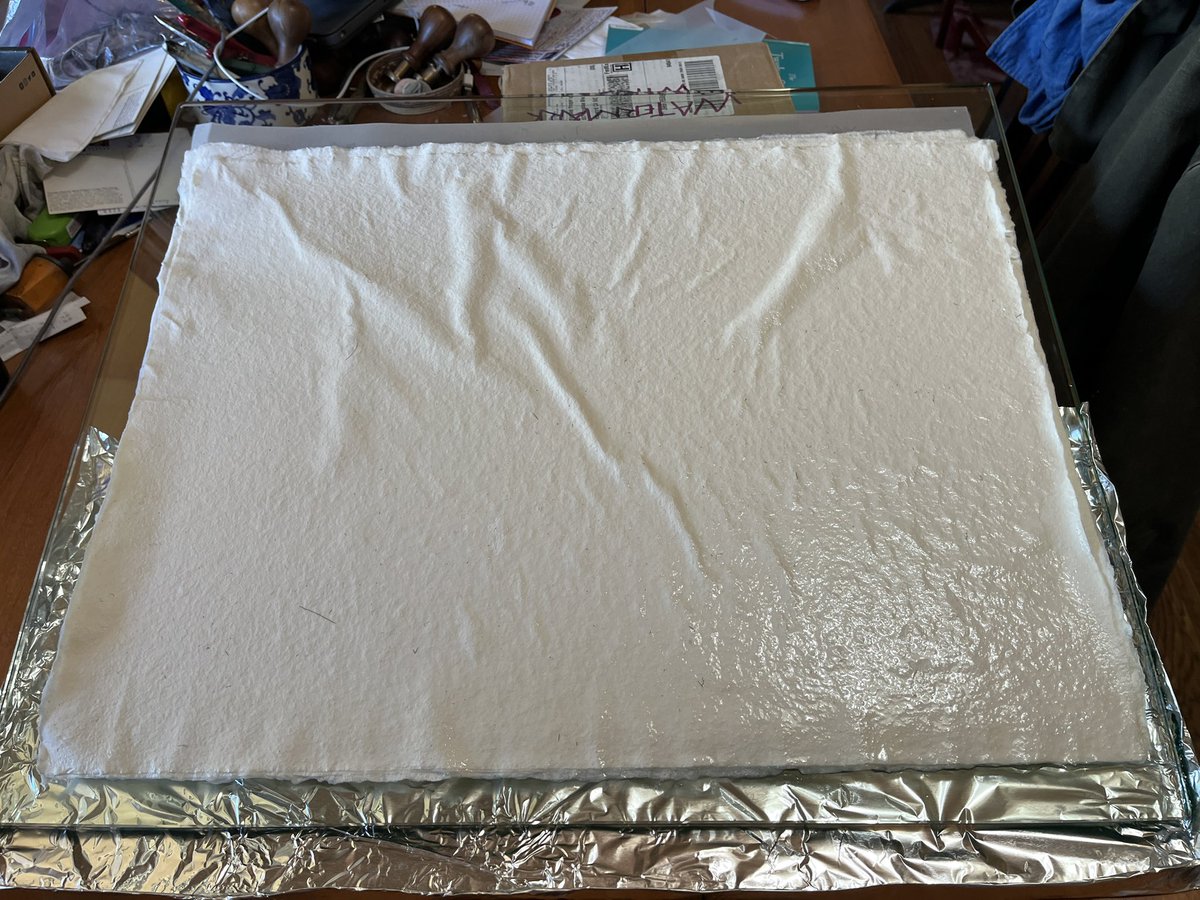 NicholasYeager's tweet image. Is it wrong to use a book on #parchment to help drain sized #handmadepaper?