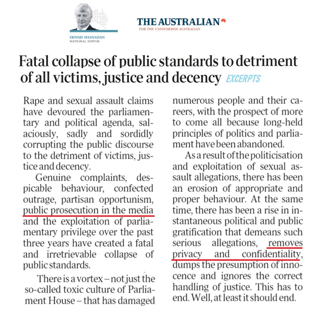 The irony and hypocrisy of Rupert Murdoch and Liberal Party shill Dennis Shanahan pompously whining about moral standards and breaches of confidentiality and privacy.

This from the publication that trampled on the privacy of an alleged rape victim multiple times.

#Auspol