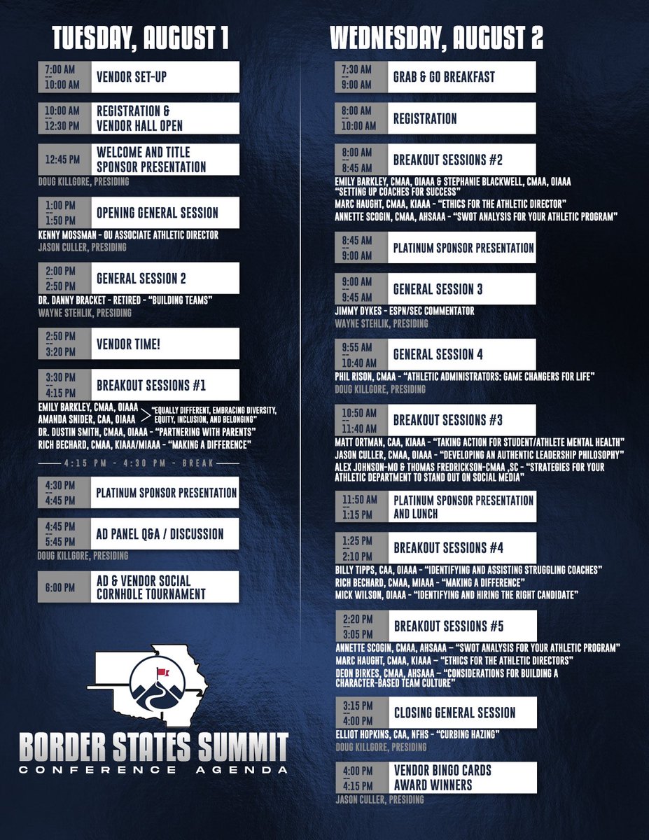 Hot off the press…everyone’s been asking and here it is! The inaugural Border States Summit Agenda! We are extremely excited about the all-star lineup. @Kenny_Mossman @CoachJimmyDykes @dcbrac @emilywarren30 @batigersports @SBlackwell34 @KIAAAks @ortmanbvsdad @AdCuller