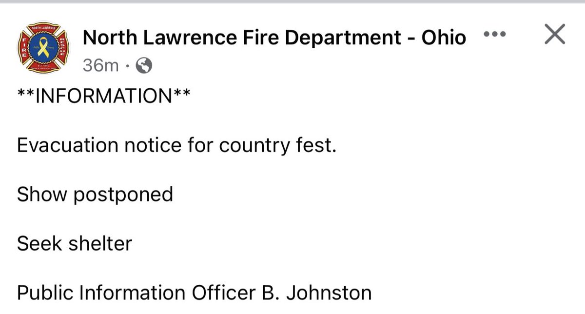 Country Fest is being EVACUATED right now in North Lawrence Twp.