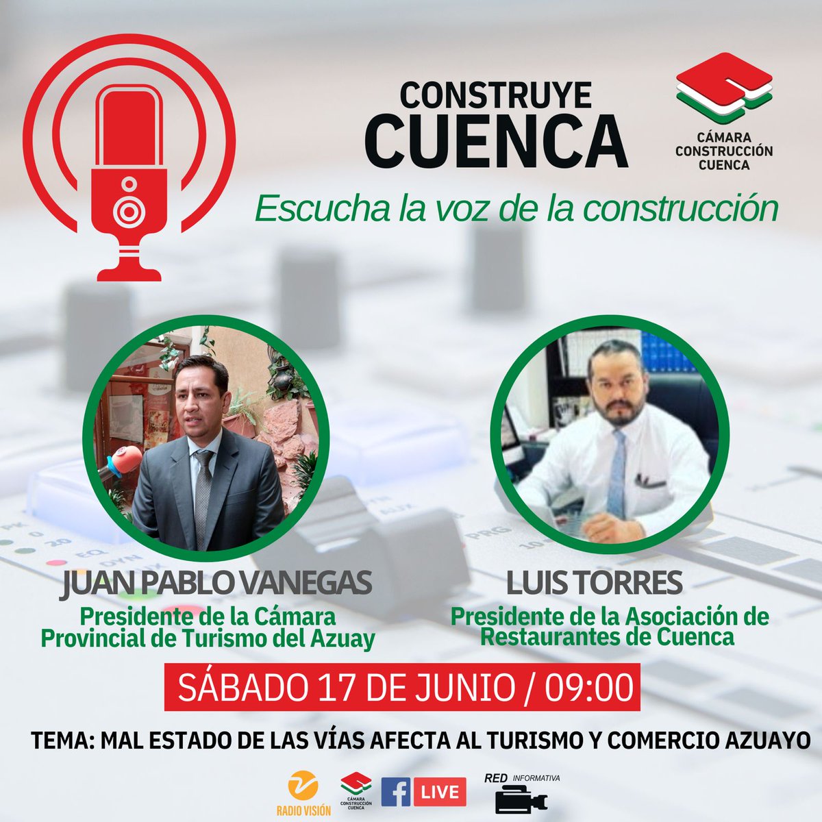 Este sábado en #ConstruyeCuenca, el espacio radial 📻 de <a href="/camaraconscue/">Cámara Construcción Cuenca</a>, hablaremos de cómo el mal estado de las vías afecta al turismo y comercio, con:
👤Juan Pablo Vanegas- presidente de la Cámara de Turismo del Azuay
👤 Luis Torres- Presidente de la Aso. Restaurantes de Cuenca