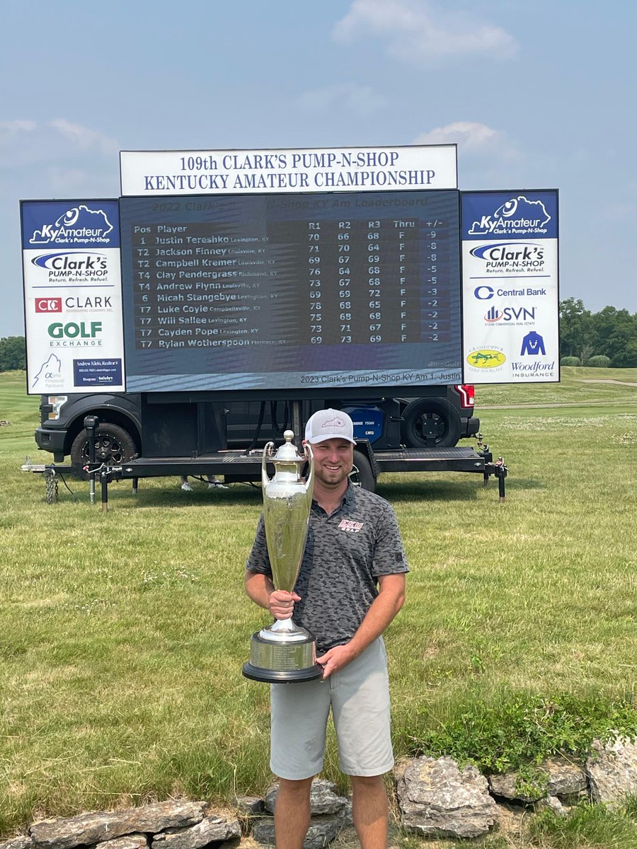 GolfHouseKY's tweet photo. Roll Kerns! Eastern Kentucky University Head Men's Golf Coach, Justin Tereshko, is your 2023 Clark's Pump-N-Shop Kentucky Amateur CHAMPION. Tereshko fired a three-day total of 204 to etch his name in history for our coveted event. 👏👏 https://t.co/JHI7phWMOC