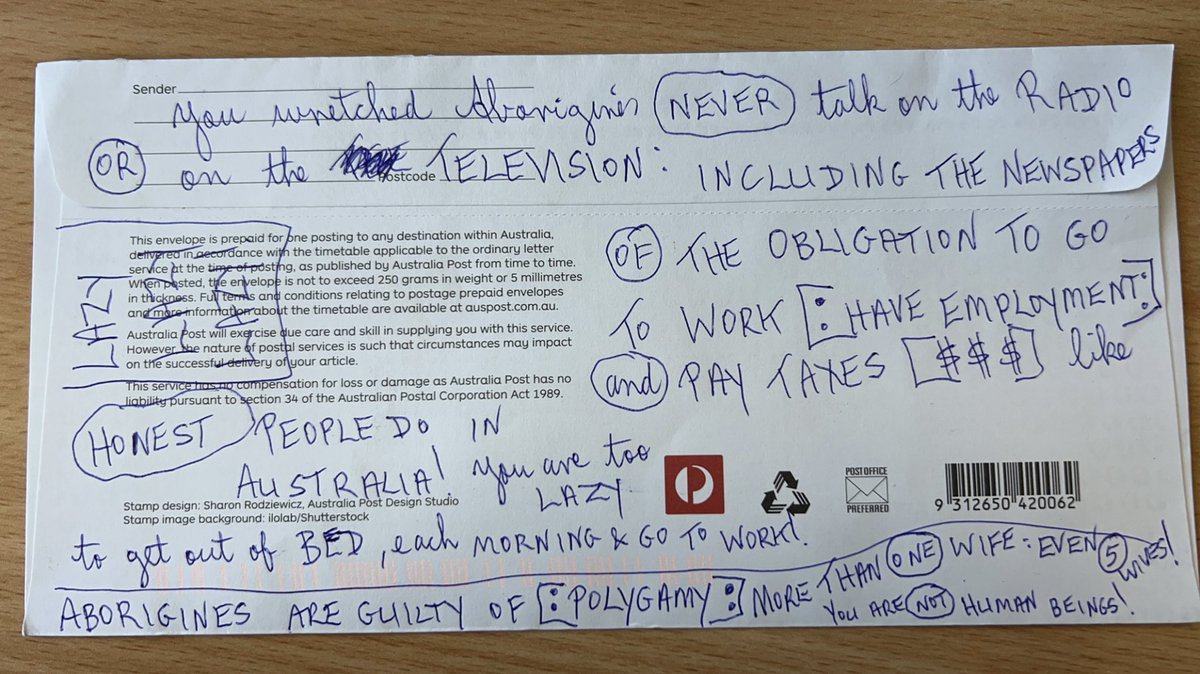 Naomi Moran (@naomimoran_) on Twitter photo ON TODAY’S EPISODE of Koori Mail hate mail. Envelope racism is a thing. Just an empty envelope from a racist who isn’t smart enough to write racist things in an actual racist letter. “Wretched Aborigines. Lazy & guilty of multiple wives.”
Ew. Racist stamp licker 🤢
<a href="/australiapost/">Australia Post</a> ON TODAY’S EPISODE of Koori Mail hate mail. Envelope racism is a thing. Just an empty envelope from a racist who isn’t smart enough to write racist things in an actual racist letter. “Wretched Aborigines. Lazy & guilty of multiple wives.”
Ew. Racist stamp licker 🤢
<a href="/australiapost/">Australia Post</a>