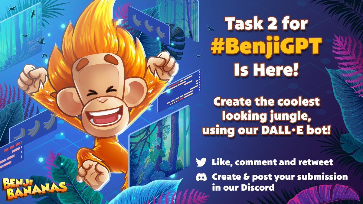BenjiBananas's tweet photo. Task 2 for #BenjiGPT is here!   

The winning submission will have their design featured in our game! 🍌

Create the coolest looking jungle, using our Ai bot!   

To enter: 
🍌Like, comment and retweet  
🍌Create &amp; post your submission in our discord

(See discord for T&amp;C's) https://t.co/fqC9wUHpm7