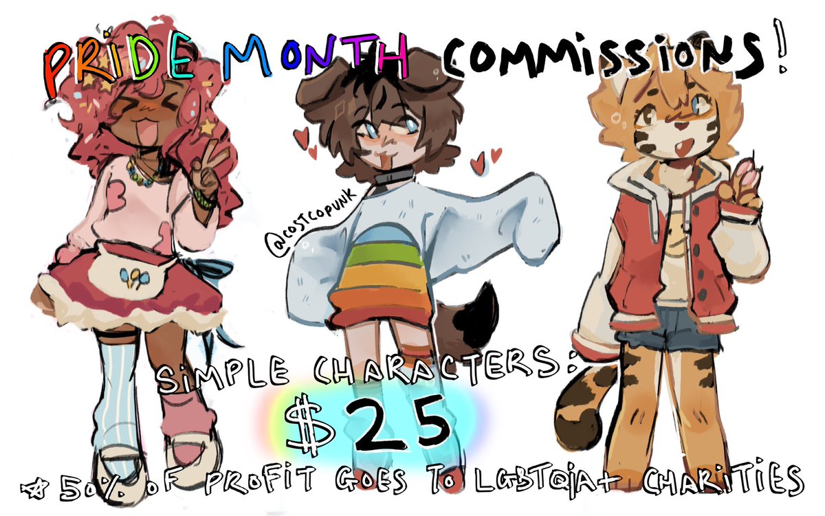 hihi this is late bc i got busy busy but i am taking  comms specially for pride month  -i'll b donating portion of all profit to pflag canada and twocc :D