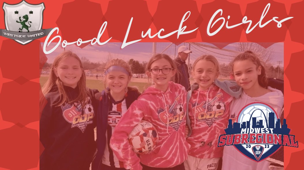 Good luck to our 5 Elite players as they compete with team Indiana at the ODP Subregional in St Louis! 
Kendall Doss
Kami Steward 
Chloe Thompson
Mia Goley
Bri Carlisle 
<a href="/SoccerIndiana/">Indiana Soccer</a> <a href="/MissouriOdp/">Missouri ODP</a> @WestsideFC2012