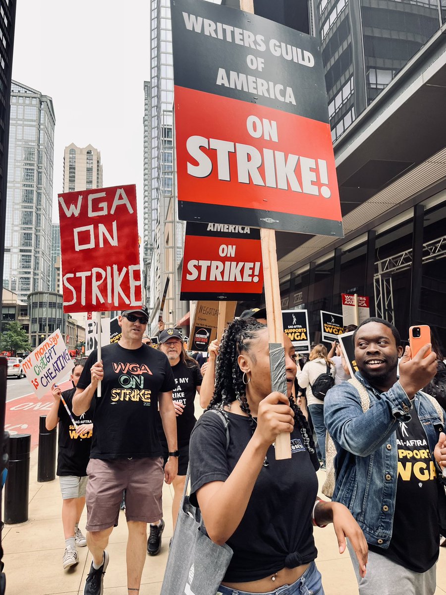 CAARPRNow's tweet image. Joined the Writers Guild of America today as they strike for higher wages, better working conditions, protection from A.I. &amp;amp; much more. Hundreds in attendance including SAG-AFTRA, Teamsters, IATSE, &amp;amp; other industries. 🗣️NO WAGES, NO PAGES!✊🏽 #writerstrike #wgastrike #workersunite