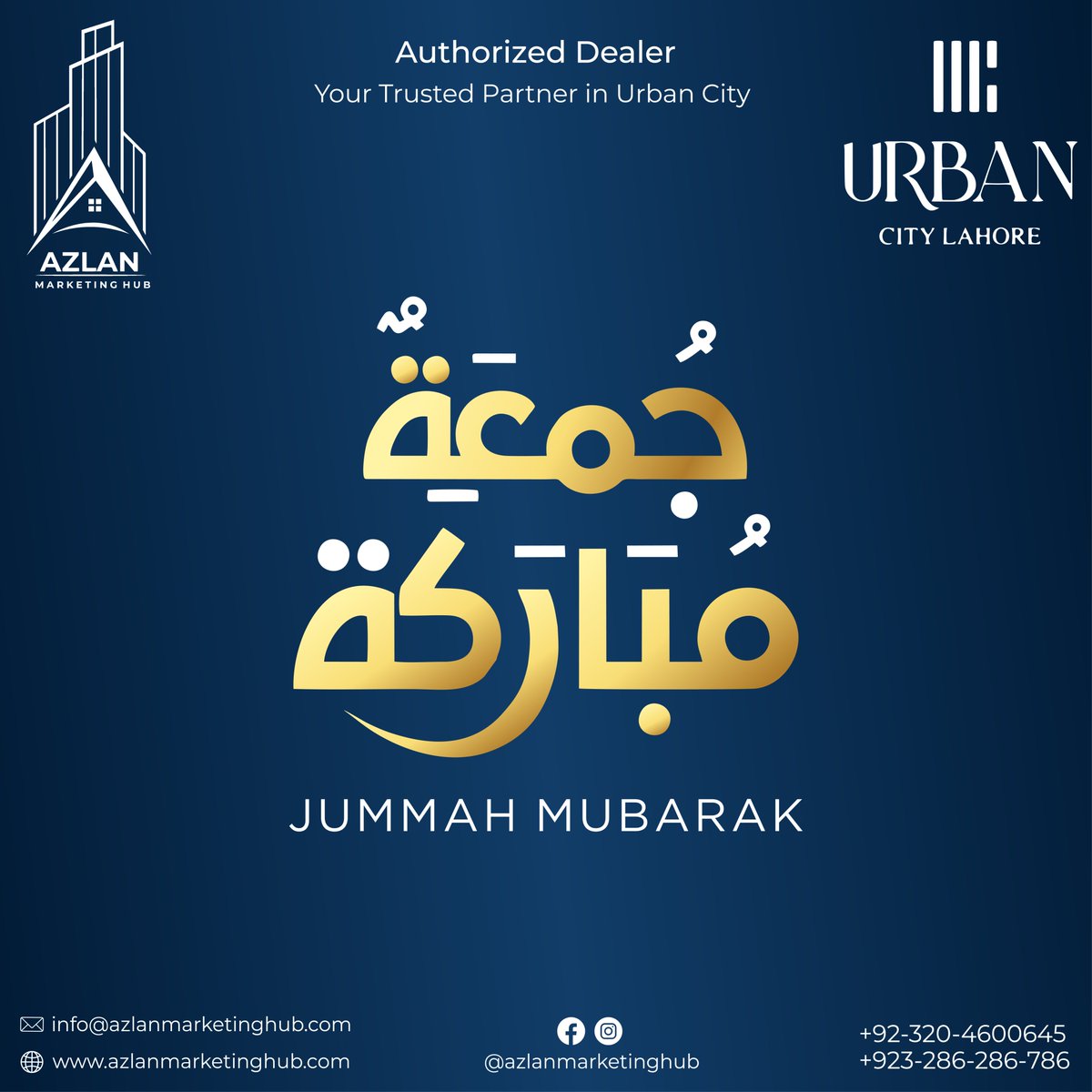 Jumma Mubarak! 🌟 Azlan Marketing Hub wishes you a joyful day ahead. 🌼 We are here to assist you in achieving your business and property goals. 💼 #HappyFriday  #AzlanMarketingHub #PropertyGoals #UrbanCity #RealEstate #DreamsComeTrue