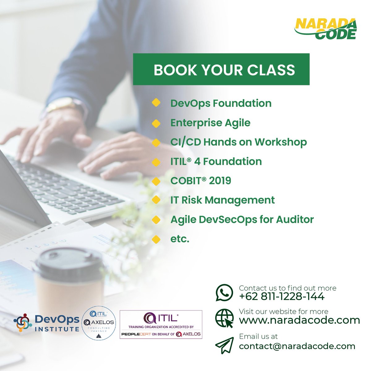 Upgrade your IT skills and boost your career with NaradaCode! 
#devops #itil4 #cobit #prince2 #devopsfoundation #itilfoundation #training #trainingonline #devopsinstitute #naradacode