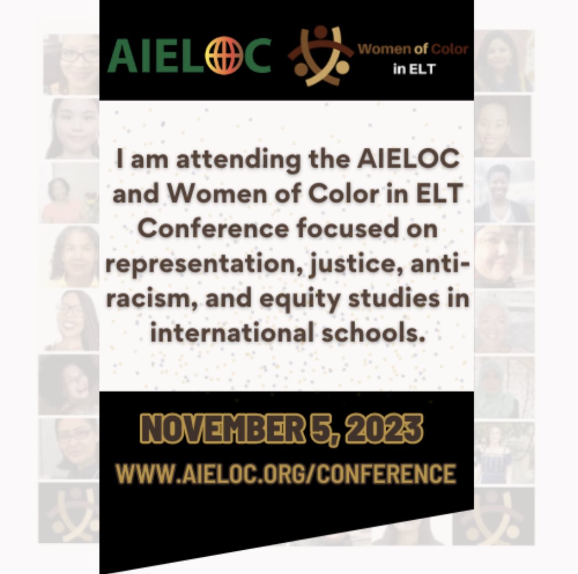 I am attending the AIELOC and Women of Color in ELT Conference on representation, justice, anti-racism, and equity in international schools. 

Are you?

Sign up: linktr.ee/aieloc

#intlELOC #WoCinELT #representation #justice #antiracism #equity #internationalschools