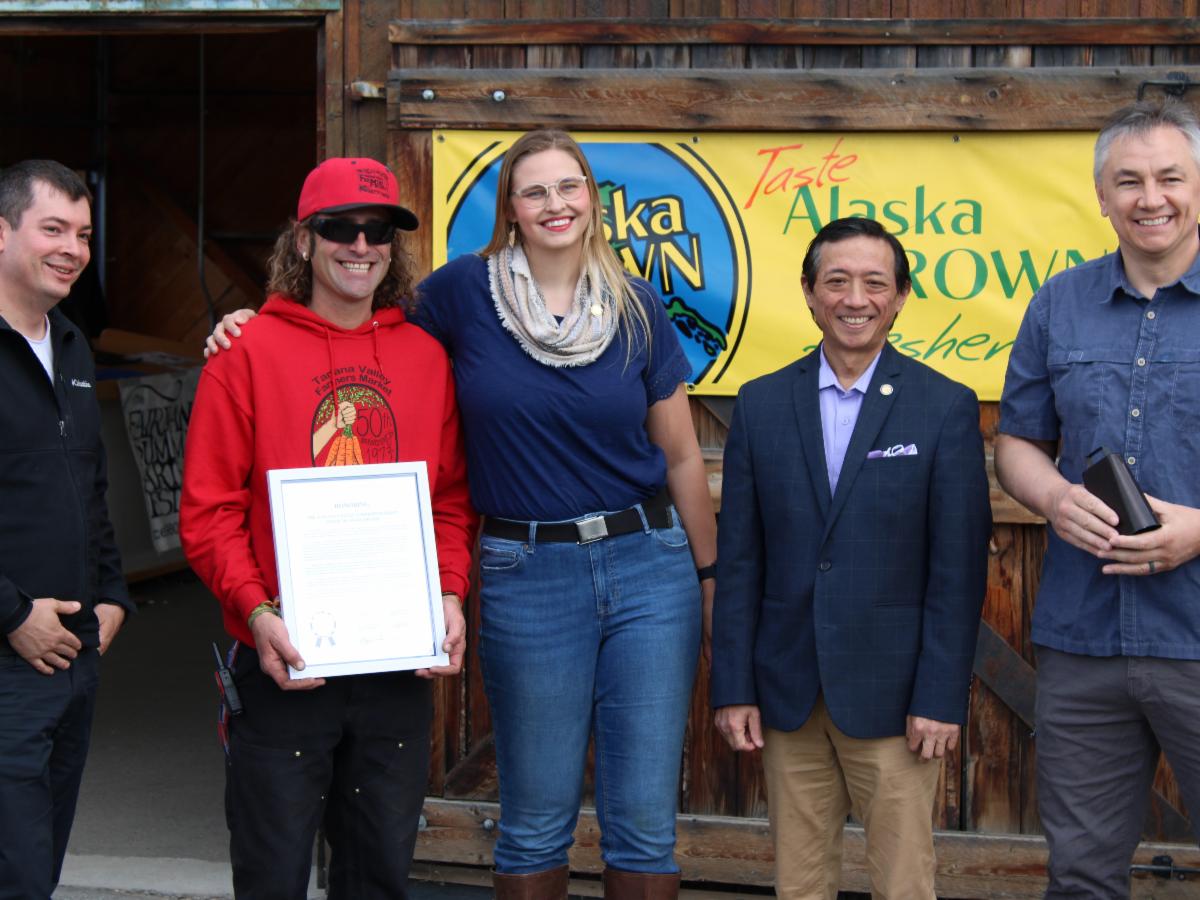 RepCarrick's tweet photo. Yesterday, my #interiordelegation colleagues and I presented an legislative citation commemorating the 50th anniversary of the Tanana Valley Farmers Market. I love getting fresh AK Grown produce and AK made products at the Farmers Market every summer #farmersmarket #akleg https://t.co/C41Y9K2jRv