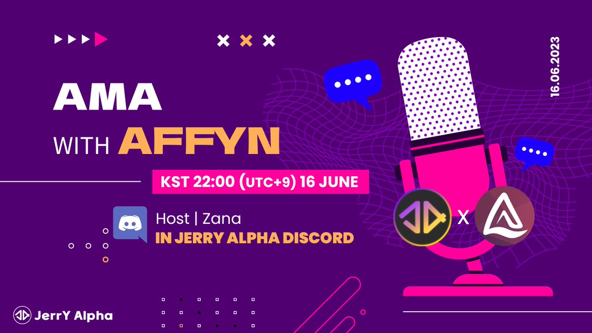 📢JerrY Alpha X Affyn AMA📢

1️⃣When : 06/16 KST 22:00 (UTC+9)
2️⃣Where : JerrY Alpha Discord AMA Room
discord.gg/jerrynftjmt
3️⃣Reward : <a href="/AffynOfficial/">Affyn Official</a> AL

💜Join all of our fantastic AMA !💜

#AMA #JerrYAlpha #Affyn