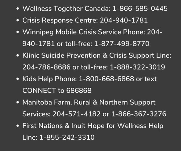 My sincerest condolences go out to the families and loved ones of those involved in the accident near Carberry. Free resources are available to those who need them. Thank you to the frontline workers who responded to the tragedy today.
