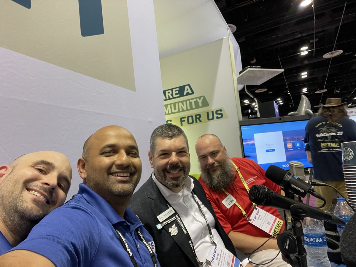 Some great podcast guests today! Thanks for joining us @brAVe_britt_ @CraigAUnderwood @AV_JamesKing @stevegreenblatt and thanks to @HETMA_org for the 🔥 podcast setup #avselfie #Infocomm23 #avtweeps #baldavguys #takecare #AVinEDU