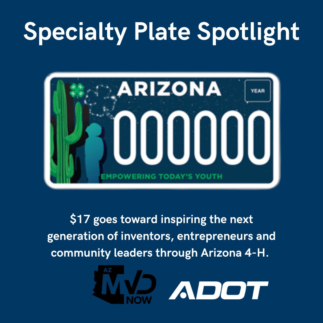 NicJMoon's tweet photo. ArizonaDOT: This week, we're highlighting our specialty plate benefitting Arizona 4-H Youth Foundation @UAZCoopExt.

The plate debuted in July 2022. Get yours here: https://t.co/1LA5f7Yflm https://t.co/GUvC2PigBS