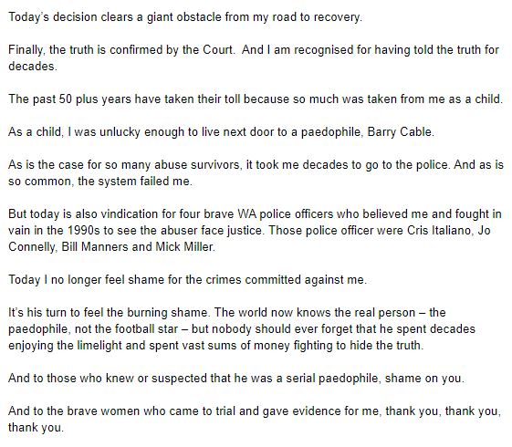 The woman who successfully sued Barry Cable for child sexual abuse says the world now knows who he really is. "To those who knew or suspected that he was a serial paedophile, shame on you"