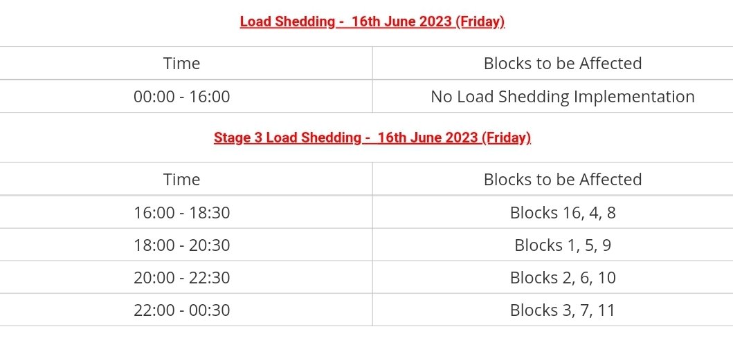#Loadshedding #Stage3 

Stage 3 loadshedding will be implemented from 16:00 to 00:30 today the 16th of June 2023. ^OS
