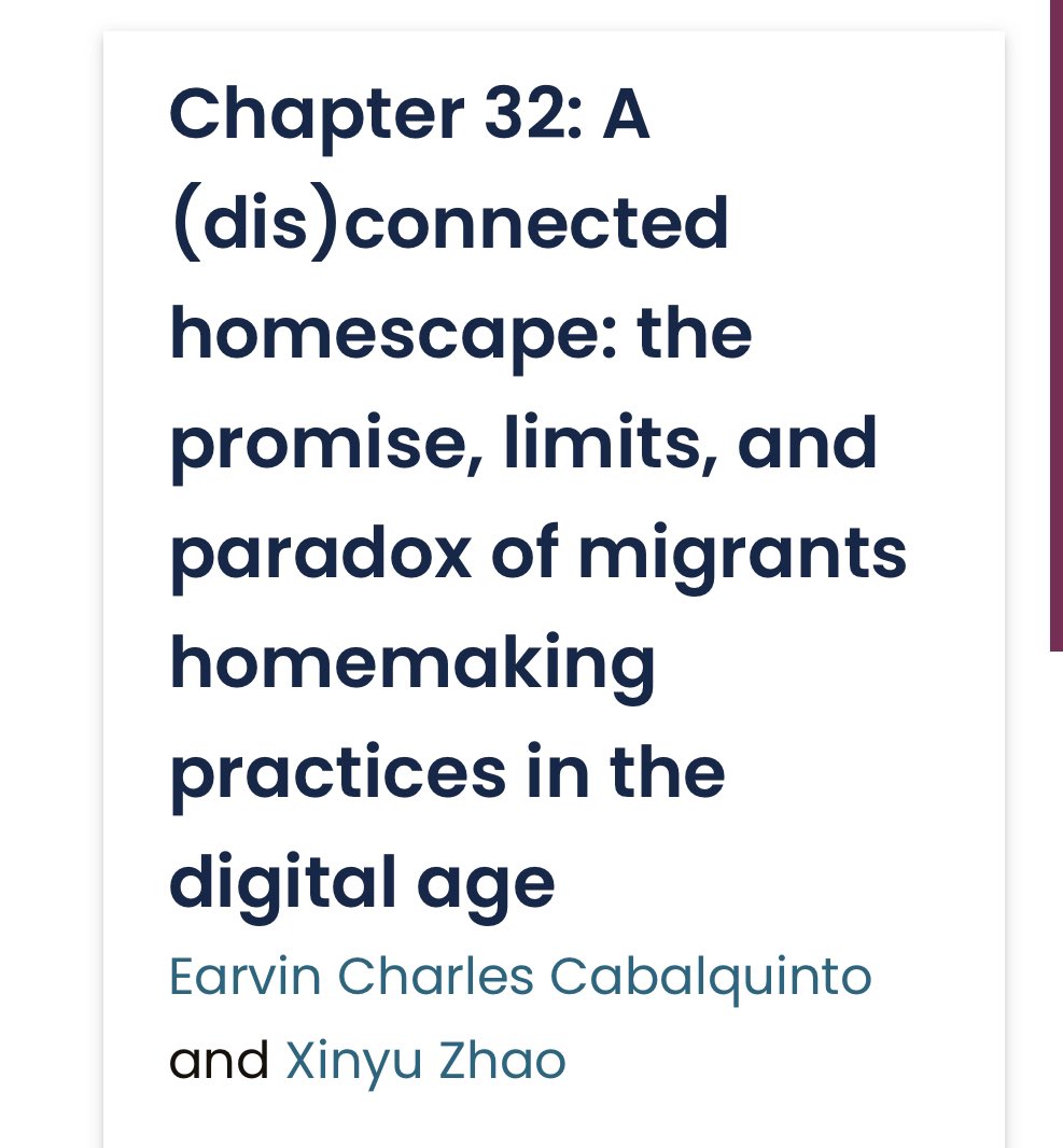 OUT NOW! My collab chapter with @andy_xzhao is published in the Handbook on Home and Migration, edited by Paolo Boccagni (@erchoming). Link here: elgaronline.com/edcollchap/boo… #digital #home #migration