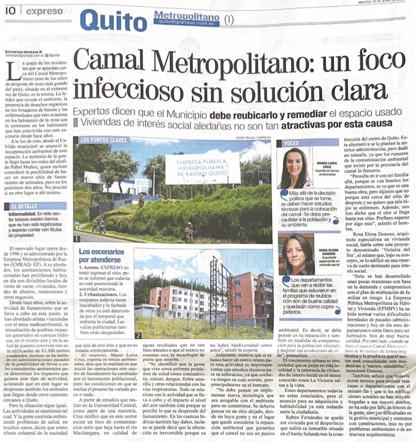 La reubicación del Camal Metropolitano no solo debe ser una decisión política.  Tiene que estar respaldada con estudios técnicos y evaluaciones ex post para evitar que se genere un pasivo ambiental. Reparación ambiental y social. <a href="/Expresoec/">Diario Expreso</a>