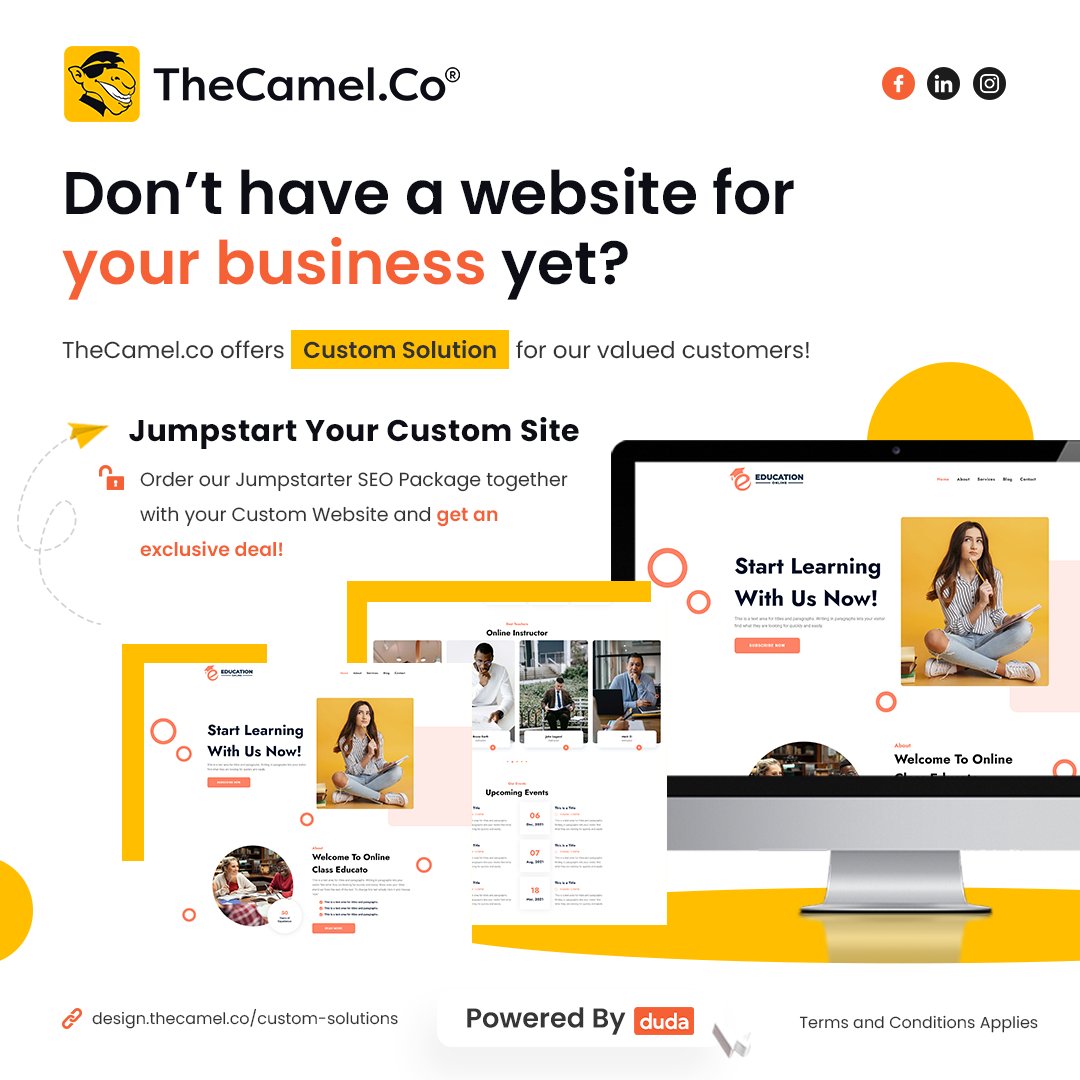 For more amazing deals and updates, subscribe to our newsletter and follow our social media pages. Visit design.thecamel.co/custom-solutio… or email us at partnermanagers@thecamel.co.

⏰ Promo Duration: June 15 to June 30, 2023.

#TheCamel #PoweredByDuda #MidYearPromotion #CustomSolution