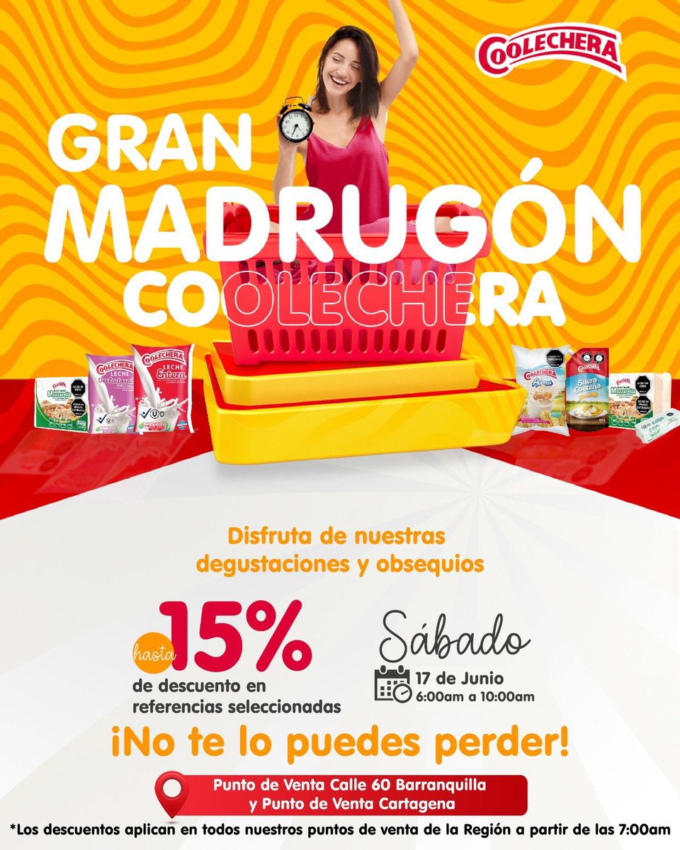 CoolecheraCo's tweet photo. Ustedes lo merecen todo, por eso Coolechera trae el GRAN #madrugón para que disfruten de nuestros productos Coolechera.

Te esperamos en:

👇🏼👇🏾👇🏿👇🏽👇🏻

📍Punto de Venta Calle 60 : Cra 43#59-51 
📍Punto de Venta Cartagena: Transversal 51 #21-36 https://t.co/NuIDzZwrsV