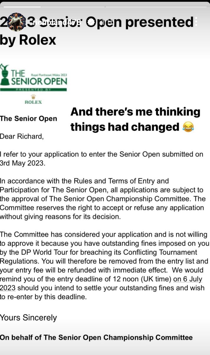 The irony is that Richard Bland will be playing @TheOpen in a months time 😂 but they are going to exclude him from the seniors 😂