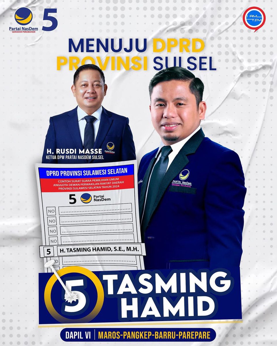 Bismillah, kini saya diberi amanah dari partai untuk maju sebagai calon anggota DPRD Provinsi Sulawesi Selatan, daerah pemilihan VI meliputi : Maros, Pangkep, Barru, dan Parepare.

mohon doa dan dukungan ta’.

#Iamtsm #tasminghamidadalahkita
#gerakanrestorasi #dprdsulsel