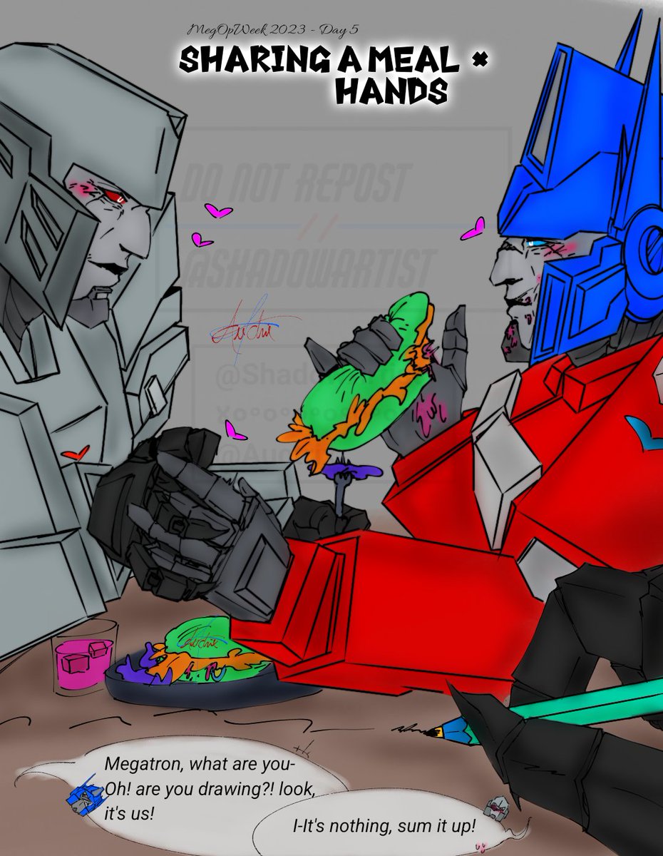 Prowl_Schmidt's tweet photo. Day 5. 
Sharing a Meal×Hands

 #MegOpWeek2023

#Megatron #OptimusPrime          #Transformers          #TransformersTFEarthSpark
#TransformersES
#MegOp
#digitalart #OrionPax
#Megatronus
#megopweek2023
#megopweek2023 https://t.co/yz8WR9NBxv