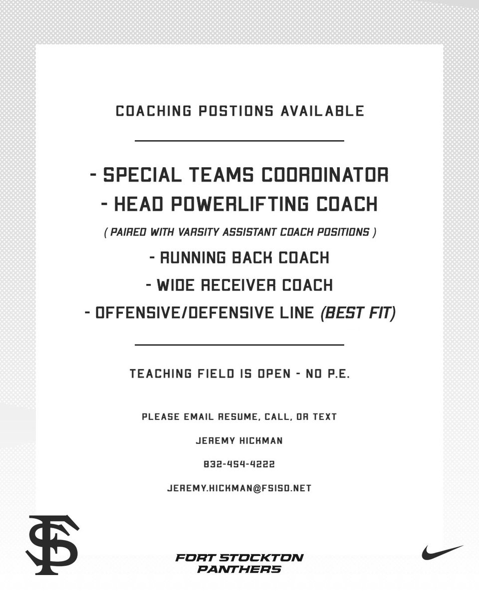 Fort Stockton HS (4A) Varsity Leadership Positions

Teaching field is open (No PE)

Please Email Resume:
jeremy.hickman@fsisd.net

<a href="/Matt_Stepp817/">Matt Stepp</a>