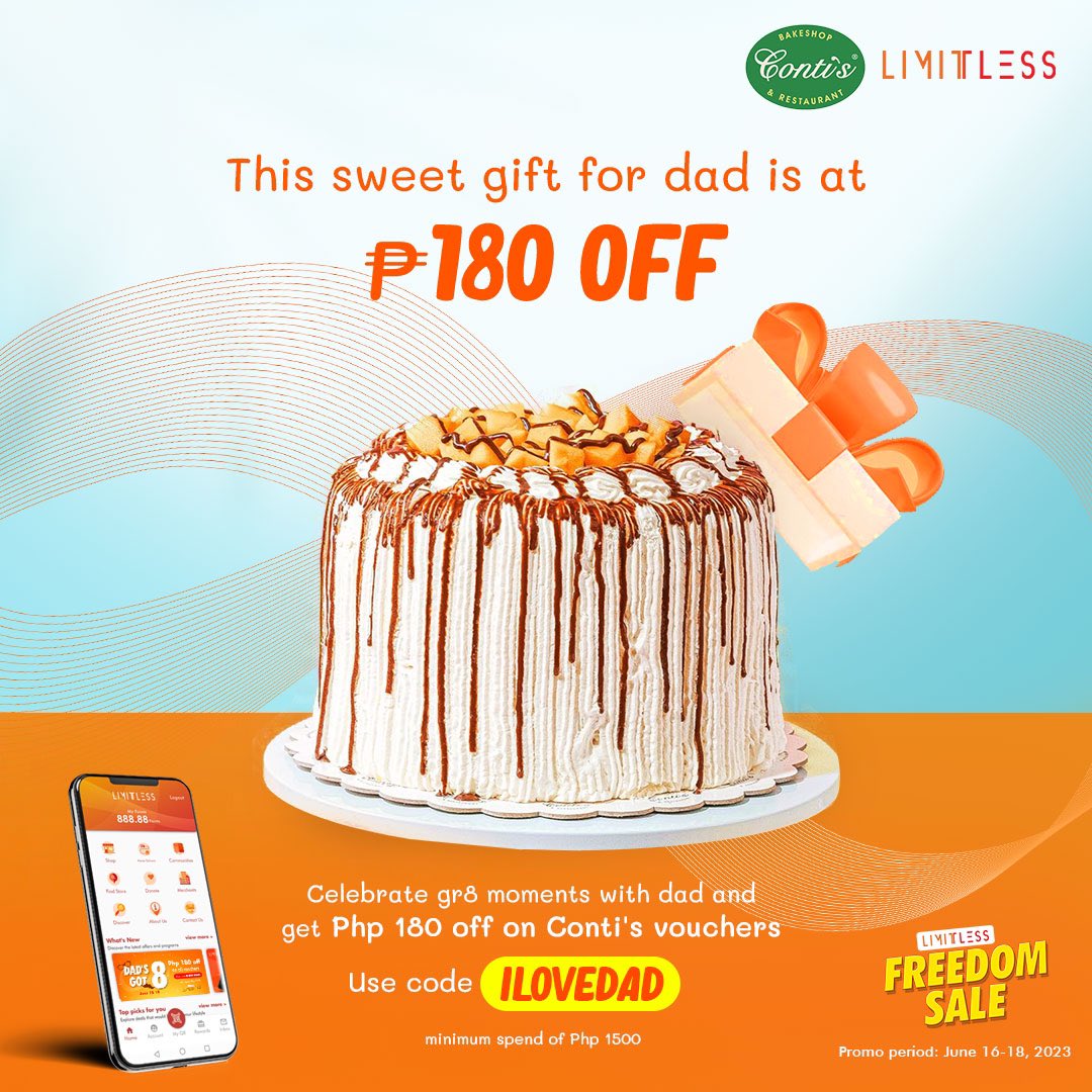 Surprise your dad with a sweet treat this Father's Day!

Get Php 180 off on vouchers with a minimum spend of Php 1500 from June 16-18.Use code ILOVEDAD upon checkout. 

For complete promo mechanics, visit bit.ly/freedomsale2023

Download LIMITLESS now! bit.ly/LIMITLESSAPP