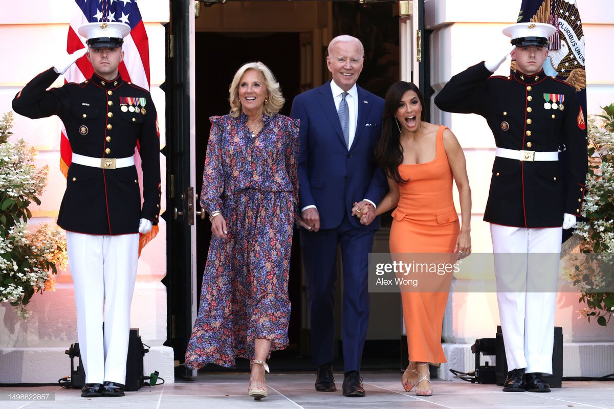 U.S. President Joe Biden, first lady Jill Biden and film director Eva Longoria arrive for a screening of “Flamin’ Hot” at the White House. The movie tells the story of a janitor at Frito-Lay who claimed to have created the recipe for Flamin’ Hot Cheetos. 📸: @alexwongcw