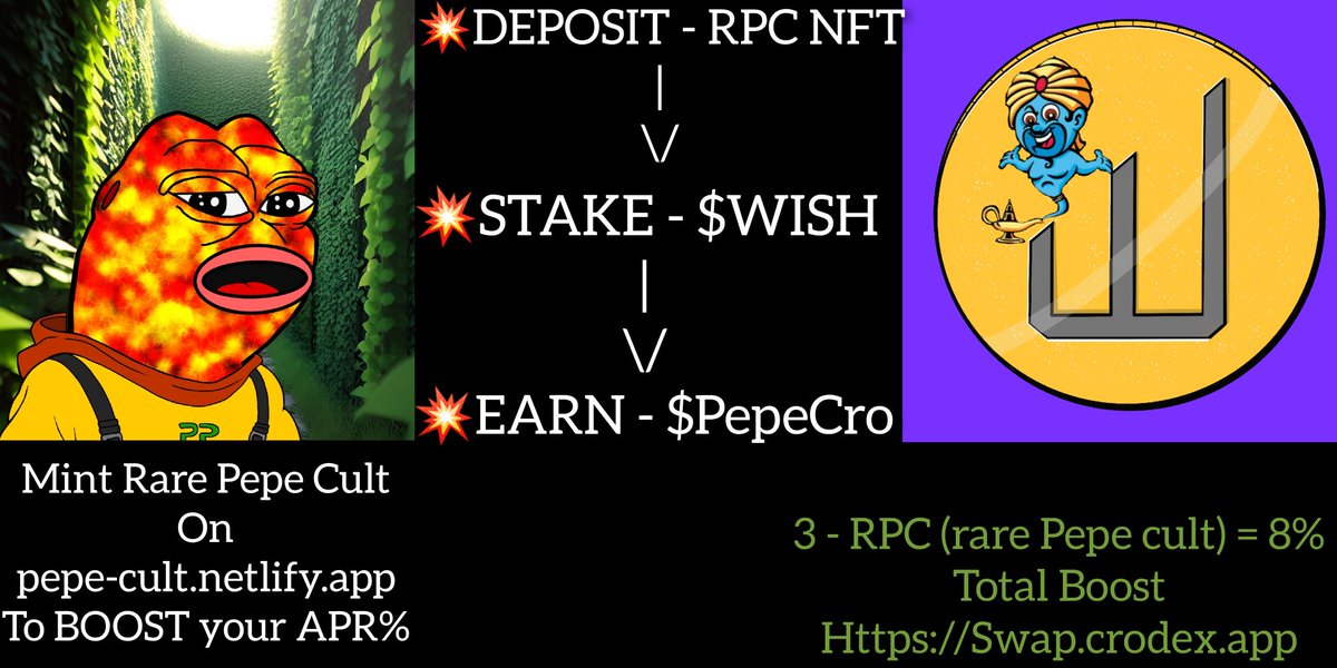 DocHunt13's tweet photo. Stake $PepeCr to Earn $WISH
On:
@crodexapp
Use @PepeCroFam
Rare Pepe Cult NFTs(RPC) to boost your APR%
Mint RPC on:
https://t.co/UVsXq8XqsL
Max 3 boosters for 8% boost
#cro #crofam #memecoin #memecoins #MemeToken #memetokens #PepeCro #RPCnft #PepeCroFam #WISHCOIN #RUBTHELAMP https://t.co/C2VUmb0LBW