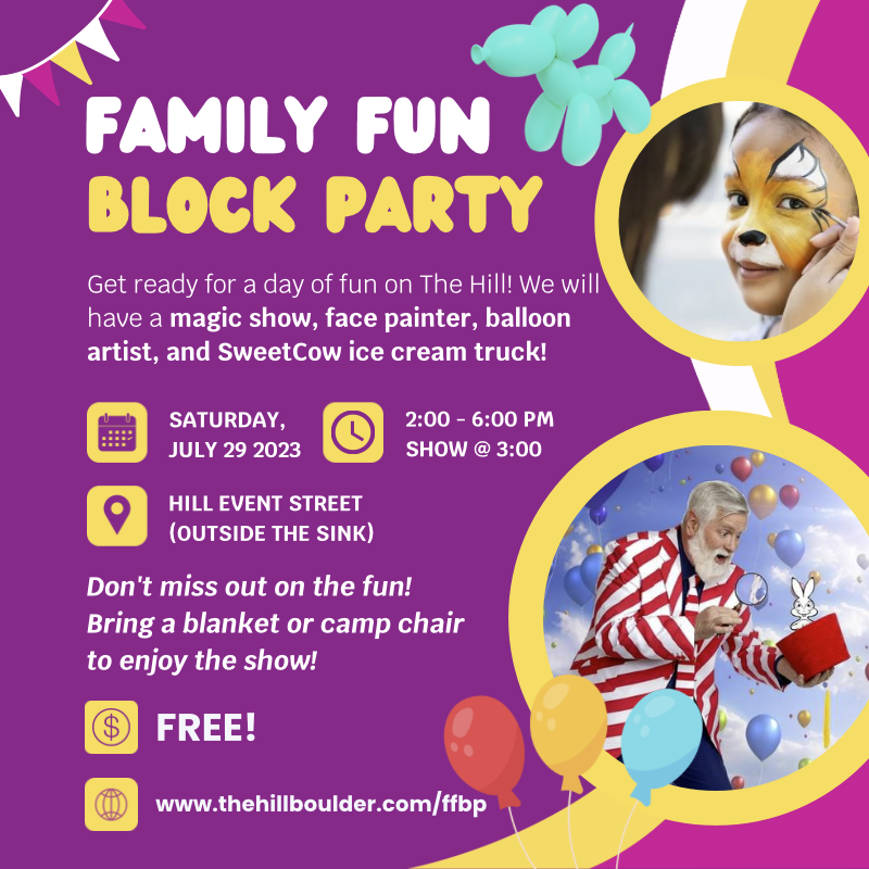 Join us for the Family Fun Block Party on The Hill!

🎈🎨 Balloon artist &amp; face painter 2-4 PM 
🍦 SweetCow MooMobile 2-3:30 PM 
🎩🐇 Magic show by Inspector Magic at 3 PM. Bring a blanket or camp chairs to enjoy!
🌞 Free, outdoor event

#thehillboulder #boulder <a href="/VisitBoulder/">Visit Boulder, CO</a>