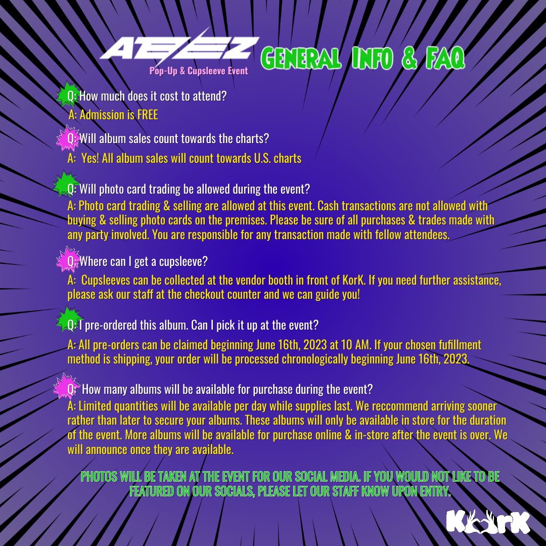 🎟️ [ATEEZ CUPSLEEVE & POPUP]

Tomorrow's the 1️⃣st day of an AMAZING Weekend 🔥🔥🔥 Here's some need-to-know info for the fun ahead 😎

#stlkpopevent #korkstl #kpopstl #stlkpop #ATEEZ_BOUNCY #에이티즈 #saintlouis #saintlouiskpop #saintlouiskpopstore