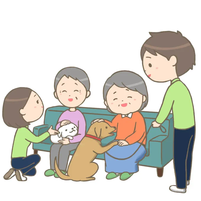 アニマルセラピーのイラストです。動物(犬と猫)と高齢女性二人が触れ合って癒されています。 #フリーイラスト #フリー素材 #看護師イラスト集 看護師イラスト集 アニマルセラピーのイラスト 