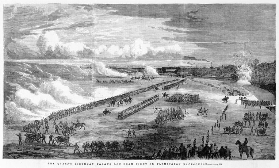 #FlashbackFriday ⏳ Here's how the Queen's Birthday was marked in 1871; how did you spend your first King's Birthday long weekend? 👑🐎 'THE QUEEN'S BIRTHDAY PARADE AND SHAM FIGHT ON FLEMINGTON RACECOURSE': engraving by Thomas S. Cousins. 🖼 Image courtesy of SLV