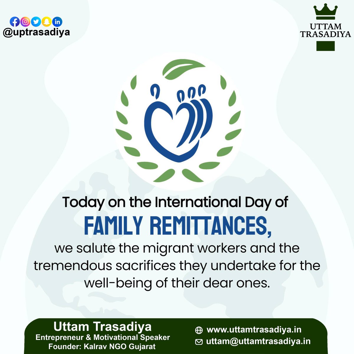 Today on the International Day of FAMILY REMITTANCES,
we salute the migrant workers and the tremendous sacrifices they undertake for the well-being of their dear ones.

#InternationalDayOfFamilyRemittances #FamilyRemittancesDay