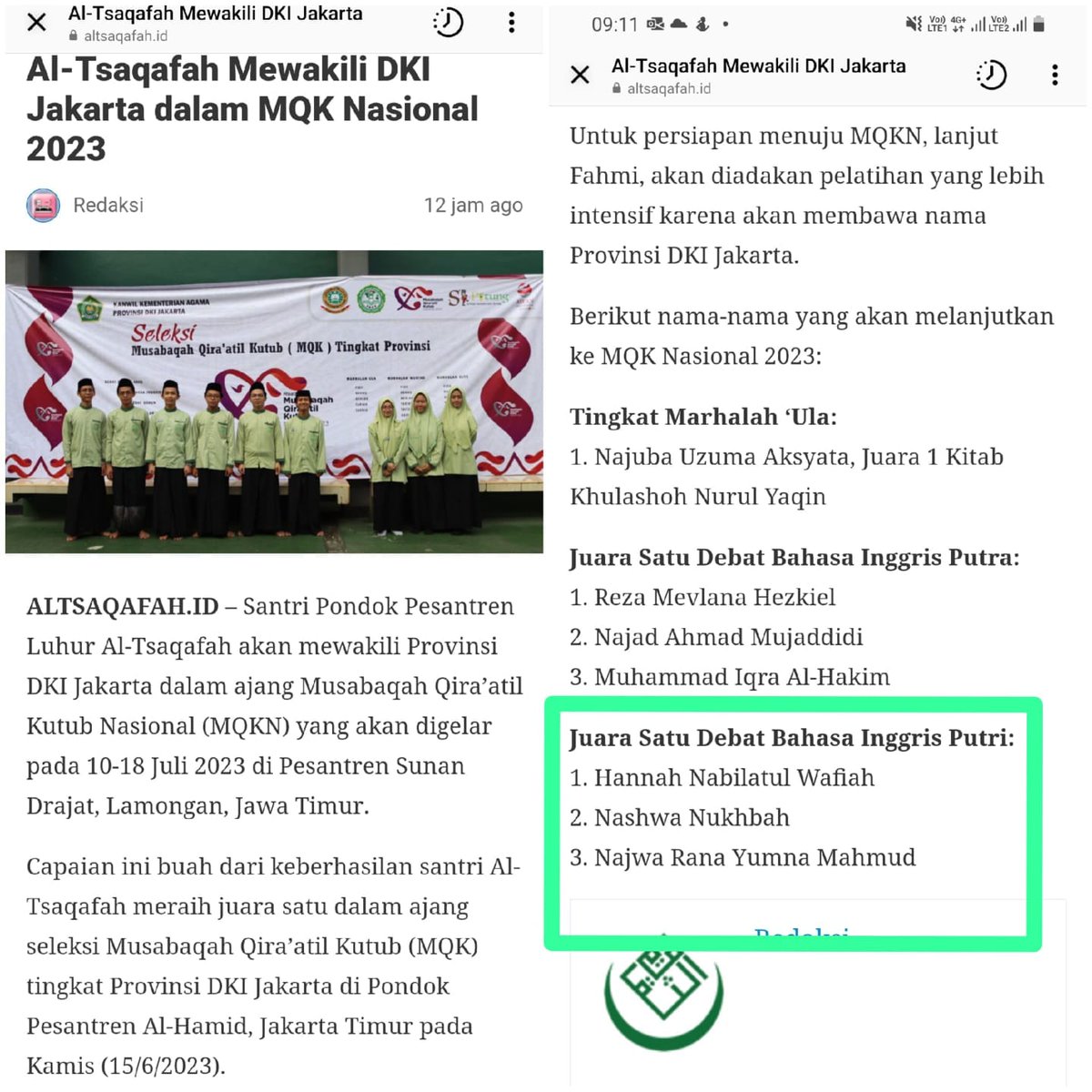 Alhamdulillah, anak wedok Hannah Nabilatul Wafiyah, yg sedang nyantri di Ponpes <a href="/altsaqafah/">PP Luhur Al-Tsaqafah</a> berhasil menjuarai Lomba Debat Bahasa Inggris tingkat Provinsi DKI Jakarta.

Kerja tim yg keren bersama Nashwa dan Najwa. Juga berkat bimbingan guru² dan pengasuh.

Proud of you HANNAH