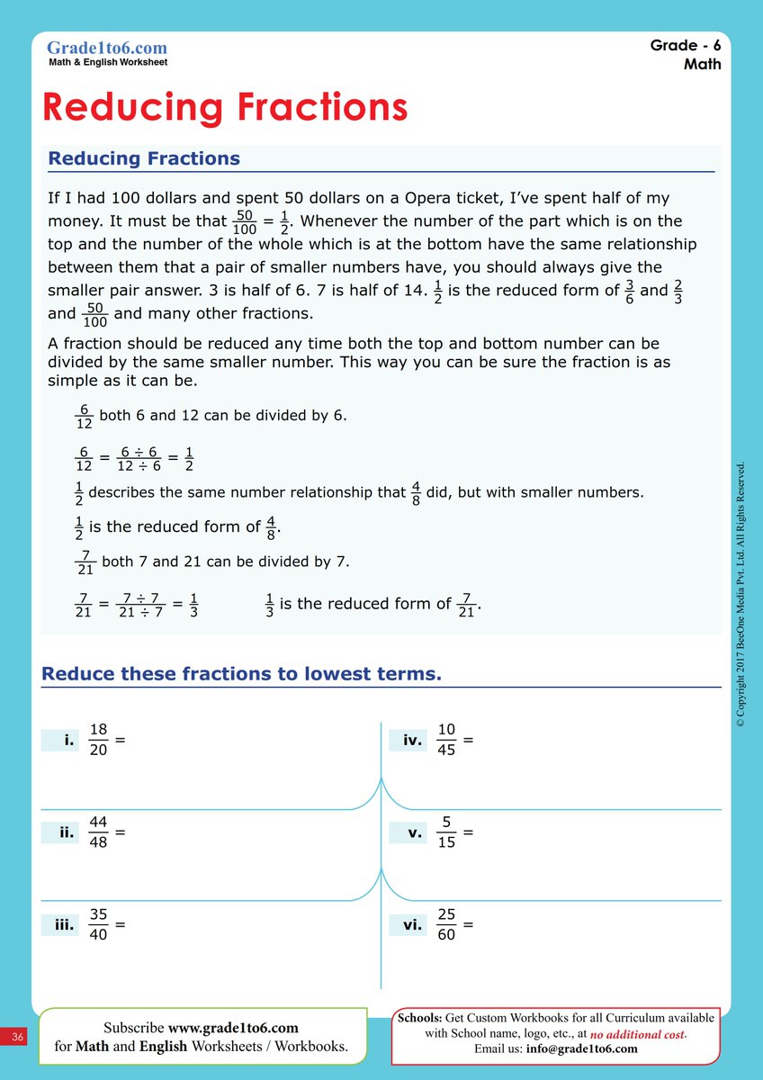 Reducing Fractions to the lowest term Worksheets by simply dividing the numerator by the denominator for Grade 5 & 6. Rated 4.7/5 by Teachers in TpT. #maths #mathematics #Math #grade6 #MYP1 #mypmath
Subscribe to bit.ly/447aVfT  for just $25 a year  or buy workbooks s ...