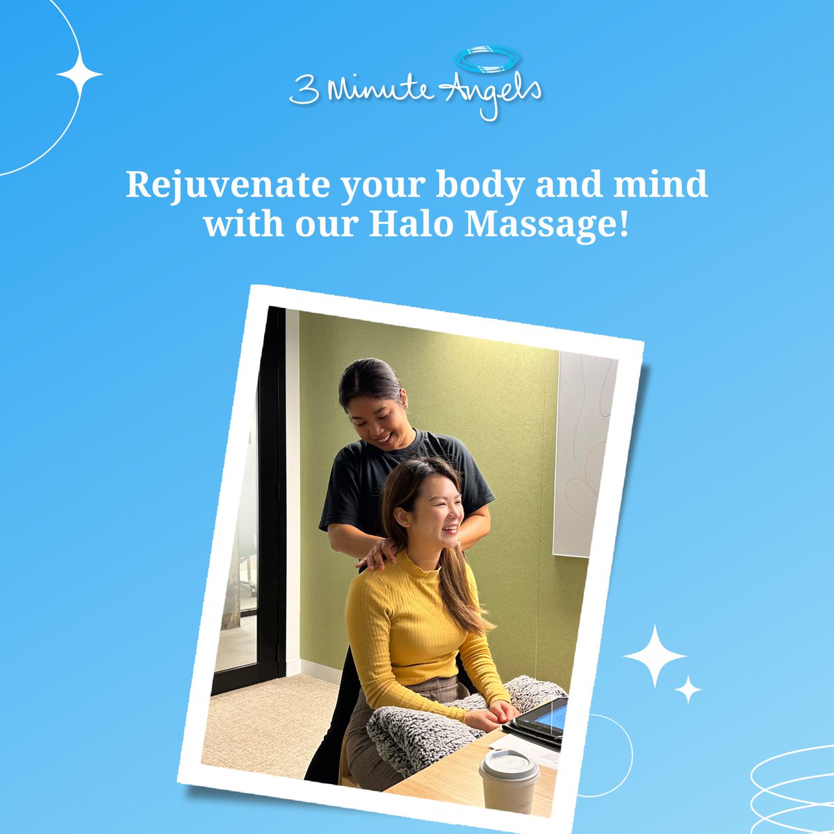 A visit from our Angels can help rejuinate your body and mind. 😇

Schedule one now at bit.ly/3maservAU or call us on 1300 662 022.

#friday #friyay #feelgood #massagesatwork #workmassage #corporatelife #rejuvenateyourbody #rejuvenateyourmind #3MinuteAngels #HaloMassage